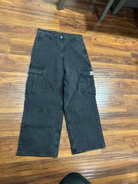 Black Straight Cargo Jeans - Men's, size 36, wide leg, multiple pockets